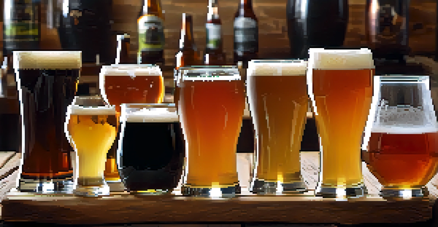 A flat lay of assorted craft beers in different glasses, with hops and barley on a wooden table, set against a brewery backdrop.
