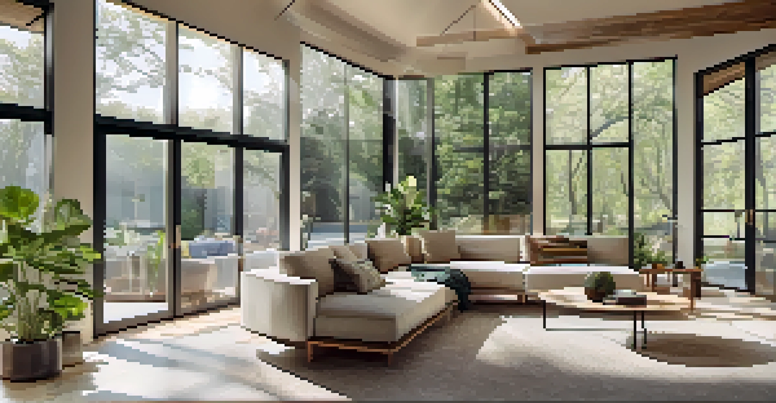 An interior view of a stylish energy-efficient home with natural light and sustainable furniture.