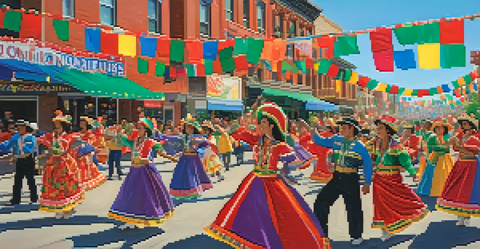A vibrant parade celebrating Fiestas Patrias with floats, dancers, and cheering crowds, showcasing cultural pride and community spirit.