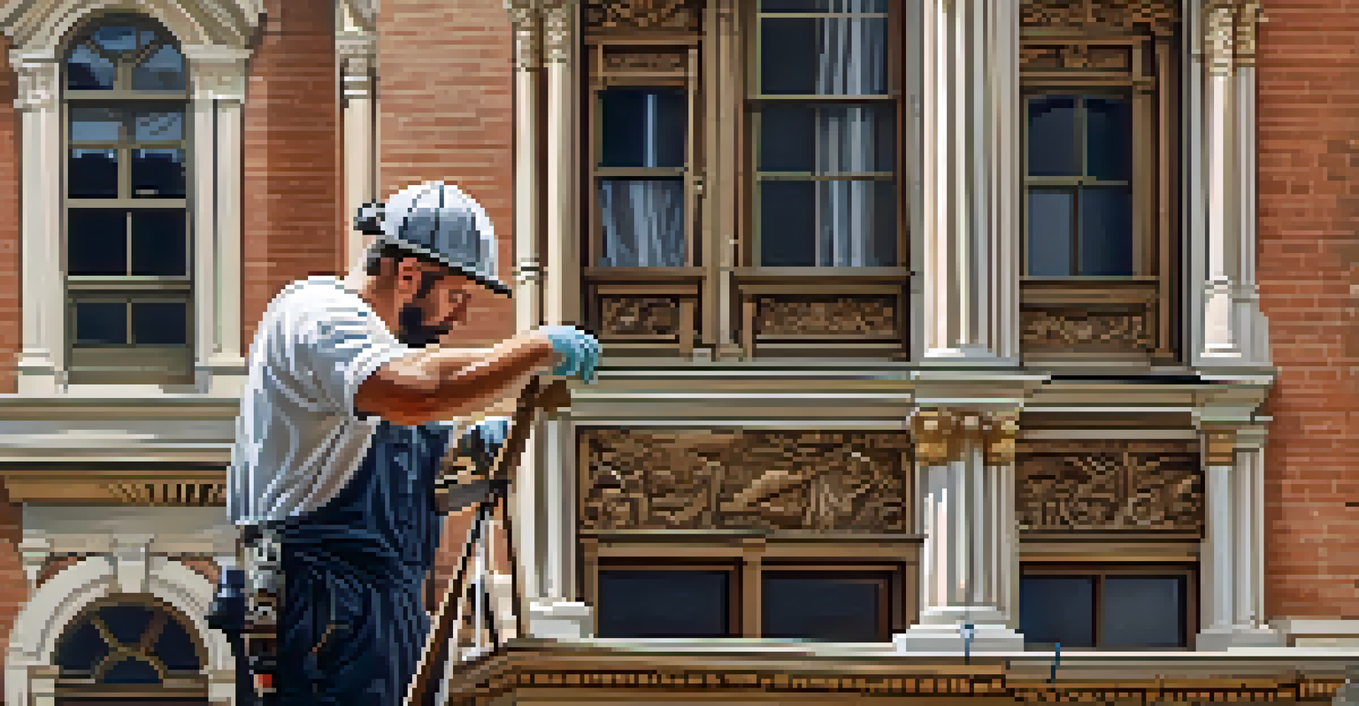 A restoration expert working on the intricate details of a historic building facade, surrounded by tools and restoration materials.