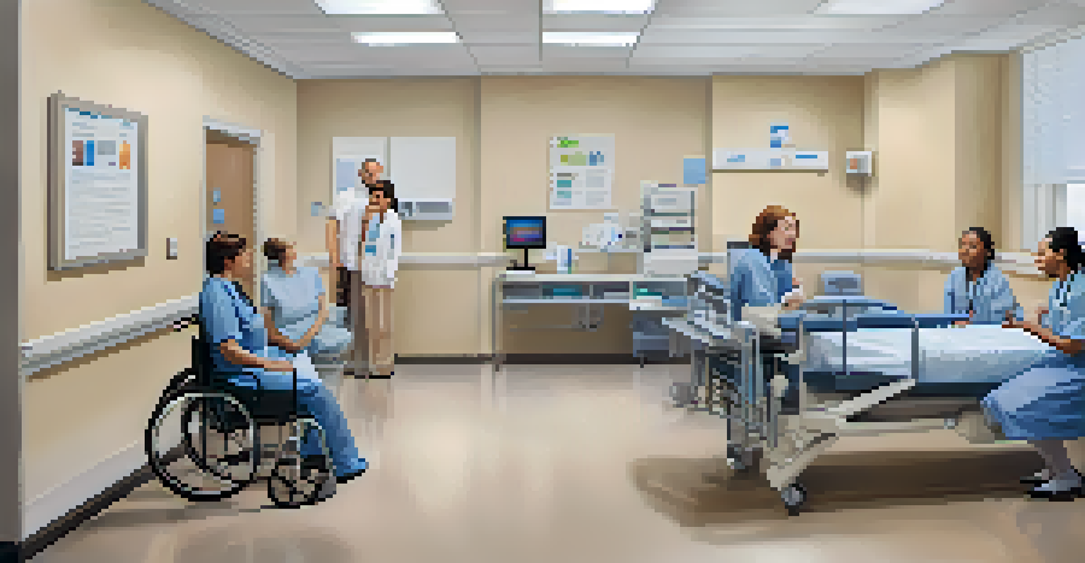 An inviting healthcare clinic interior where staff assists diverse patients, featuring assistive technology and informational displays.