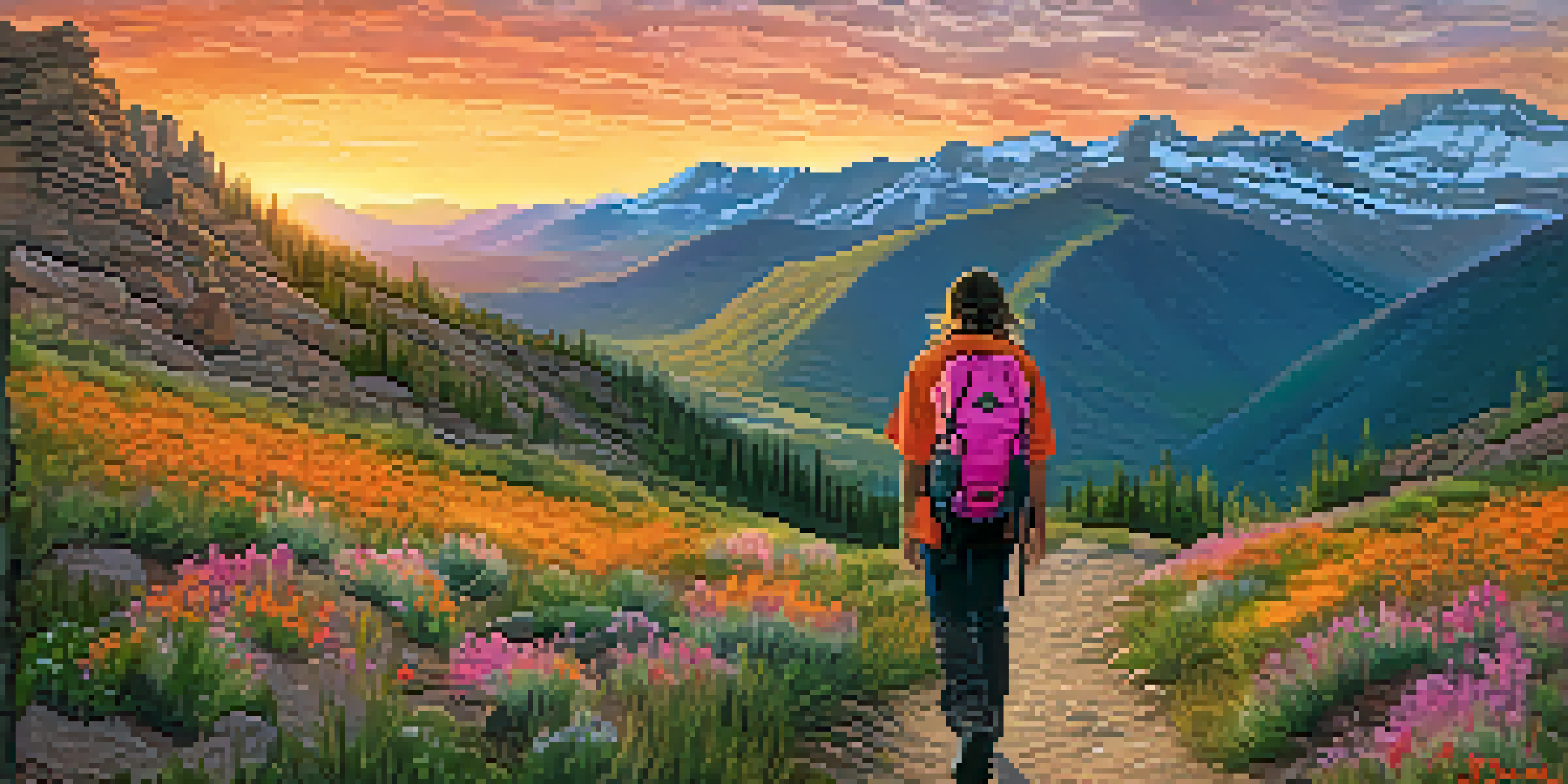 A scenic view of a Colorado landscape featuring a student hiking on a trail, with mountains and a colorful sunset in the background.