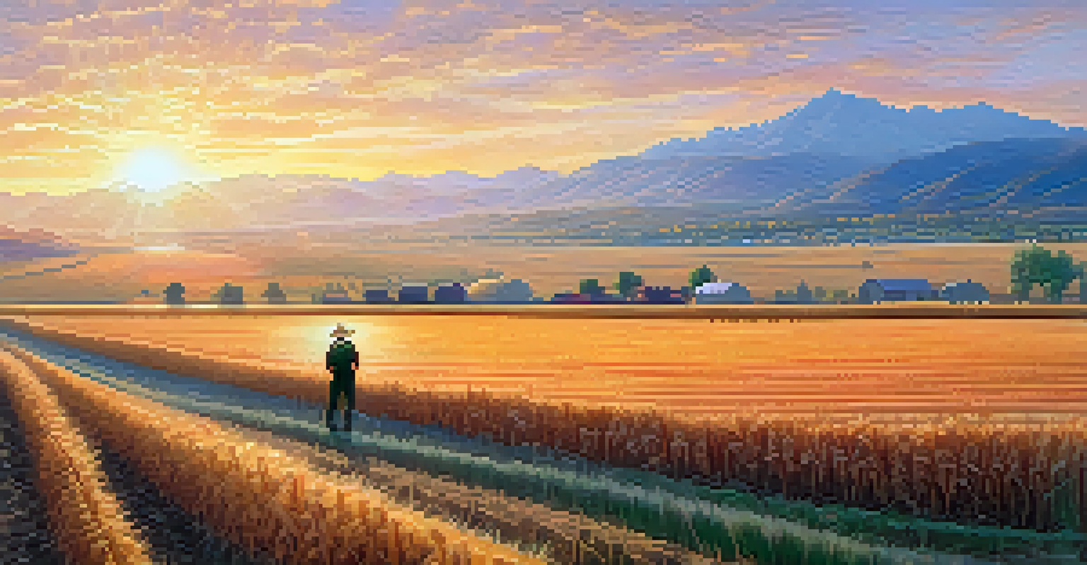 A farmer stands in a wheat and corn field at sunrise, with mountains in the background and mist above.