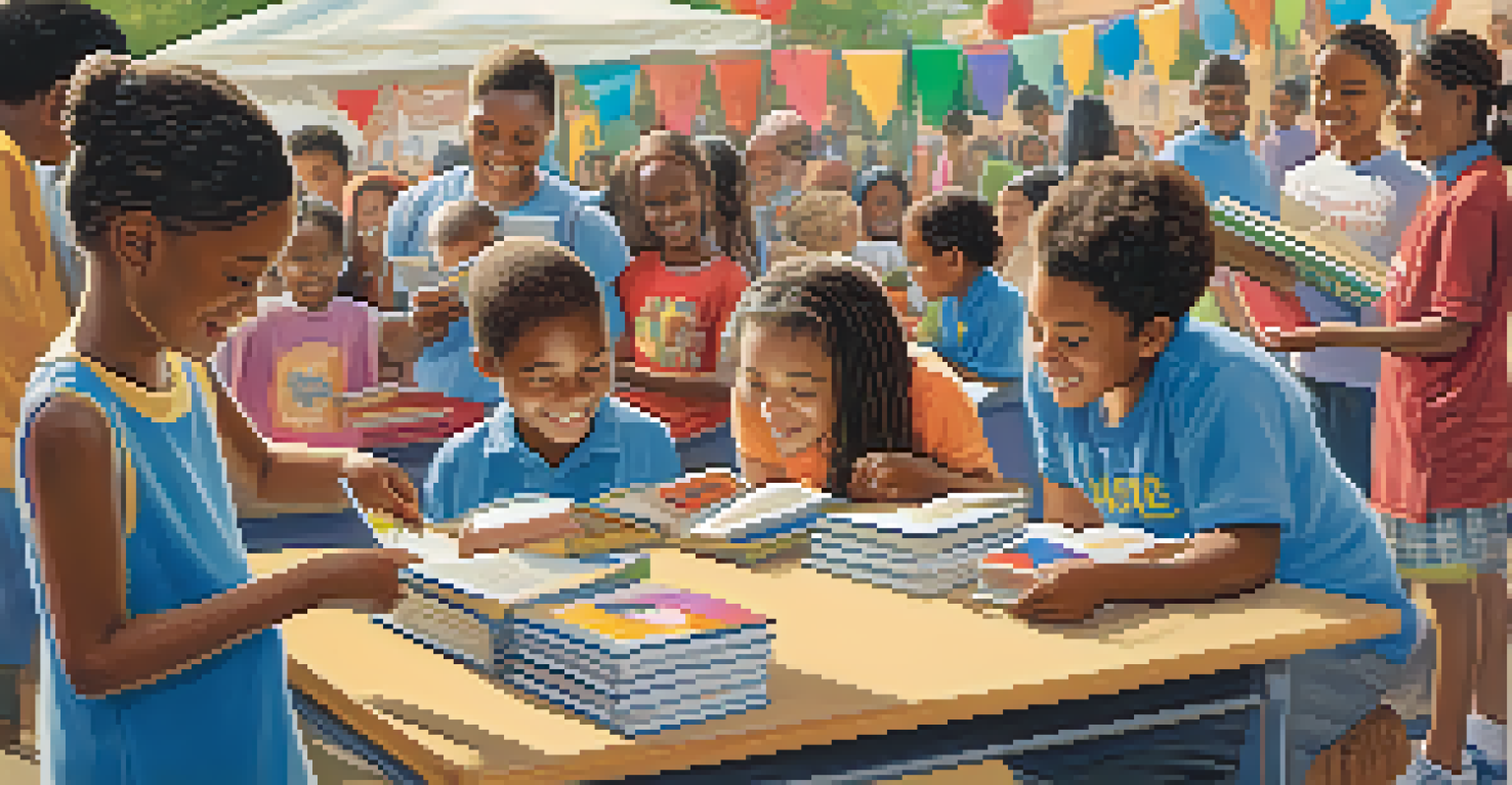 Volunteers organize books at a community literacy event, surrounded by children exploring the books and banners promoting education.