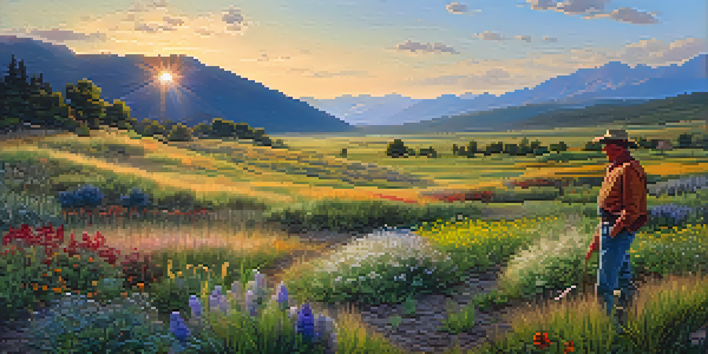 A farmer planting seeds in a colorful field of native plants in Colorado, with mountains in the background and sunlight casting a warm glow.