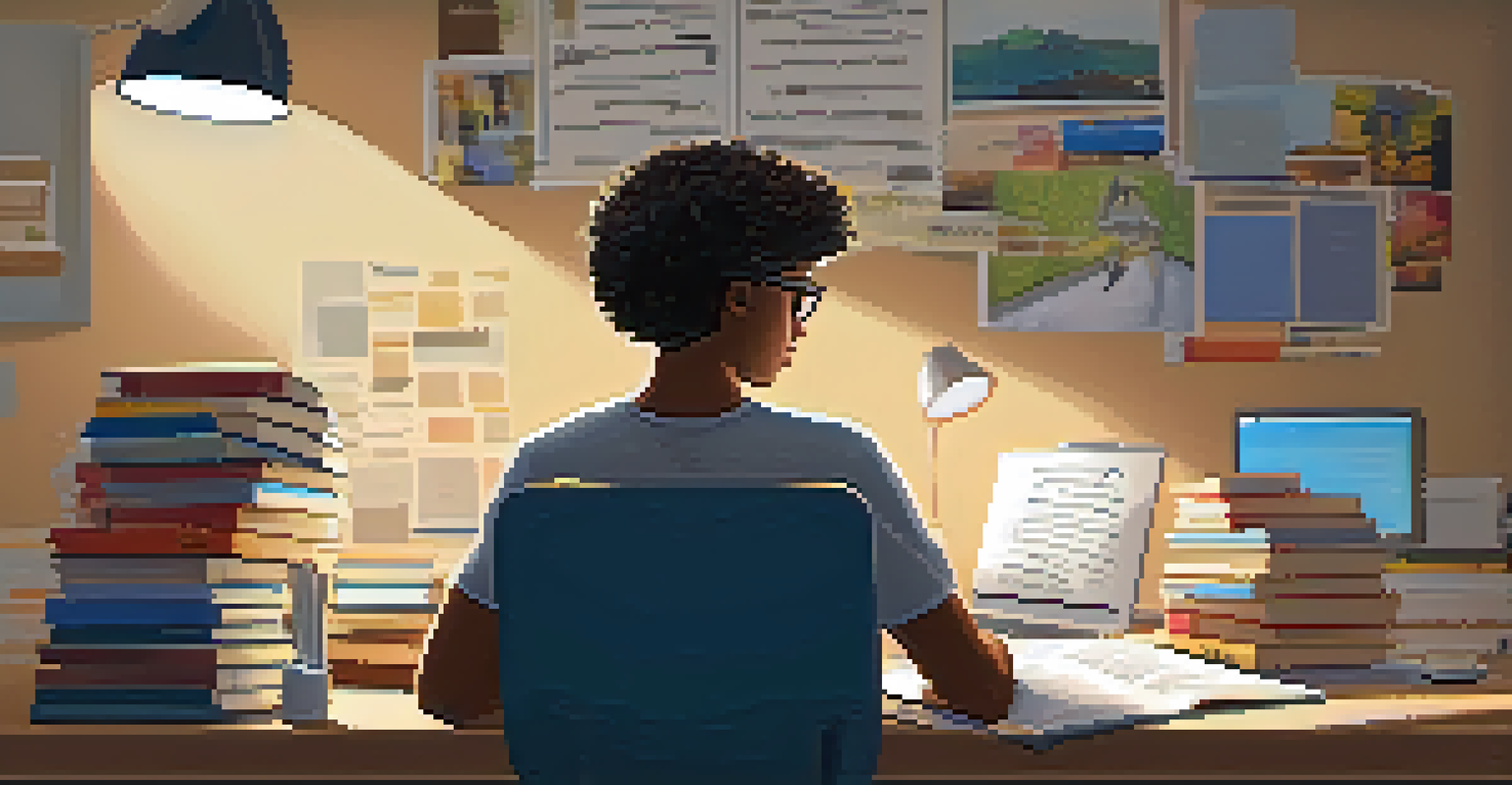 A focused student studying at a desk filled with books and notes, emphasizing the importance of education.