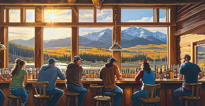 A lively craft brewery with patrons enjoying drinks, wooden bar, and the Rocky Mountains visible through large windows, illuminated by sunset light.