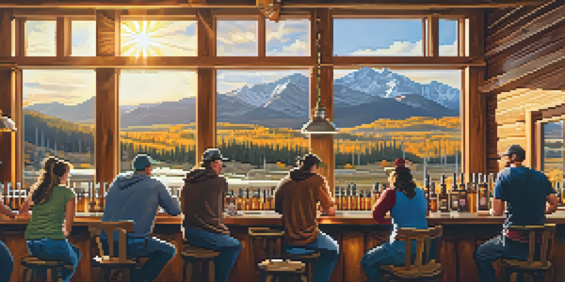 A lively craft brewery with patrons enjoying drinks, wooden bar, and the Rocky Mountains visible through large windows, illuminated by sunset light.