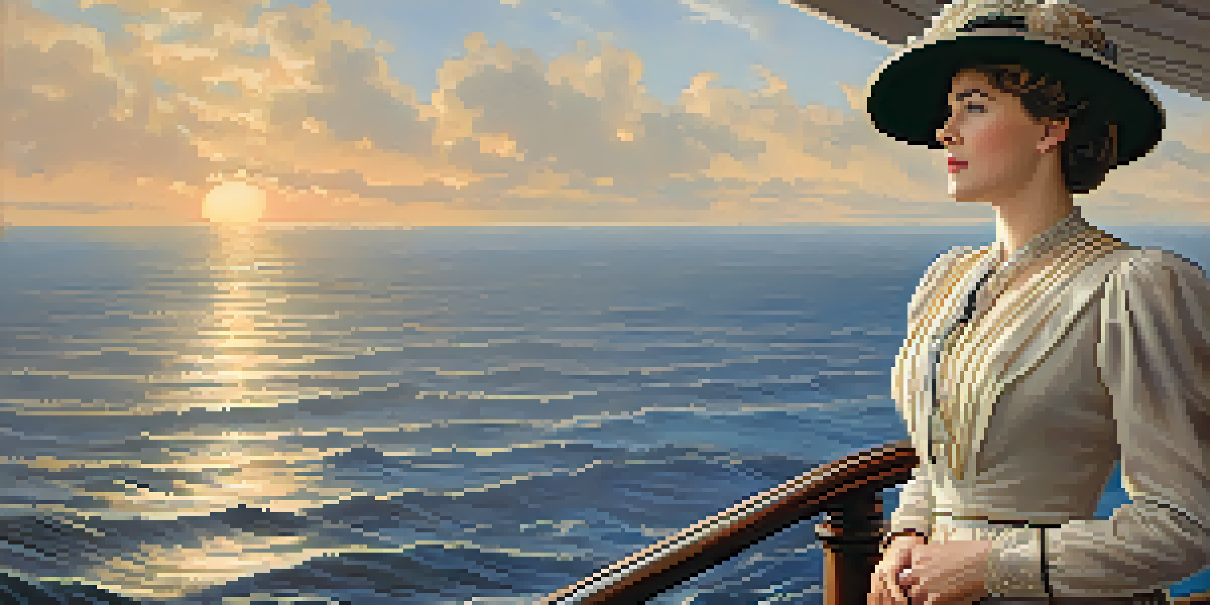 A portrait of Margaret Brown standing on the deck of the Titanic, wearing early 1900s fashion, with ocean waves and a cloudy sky in the background.