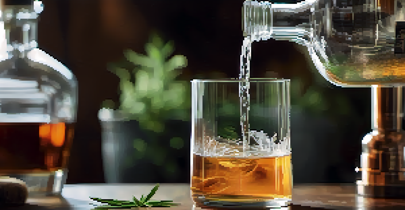 Close-up of a distiller pouring a clear spirit into a glass, with blurred herbs and plants in the background.