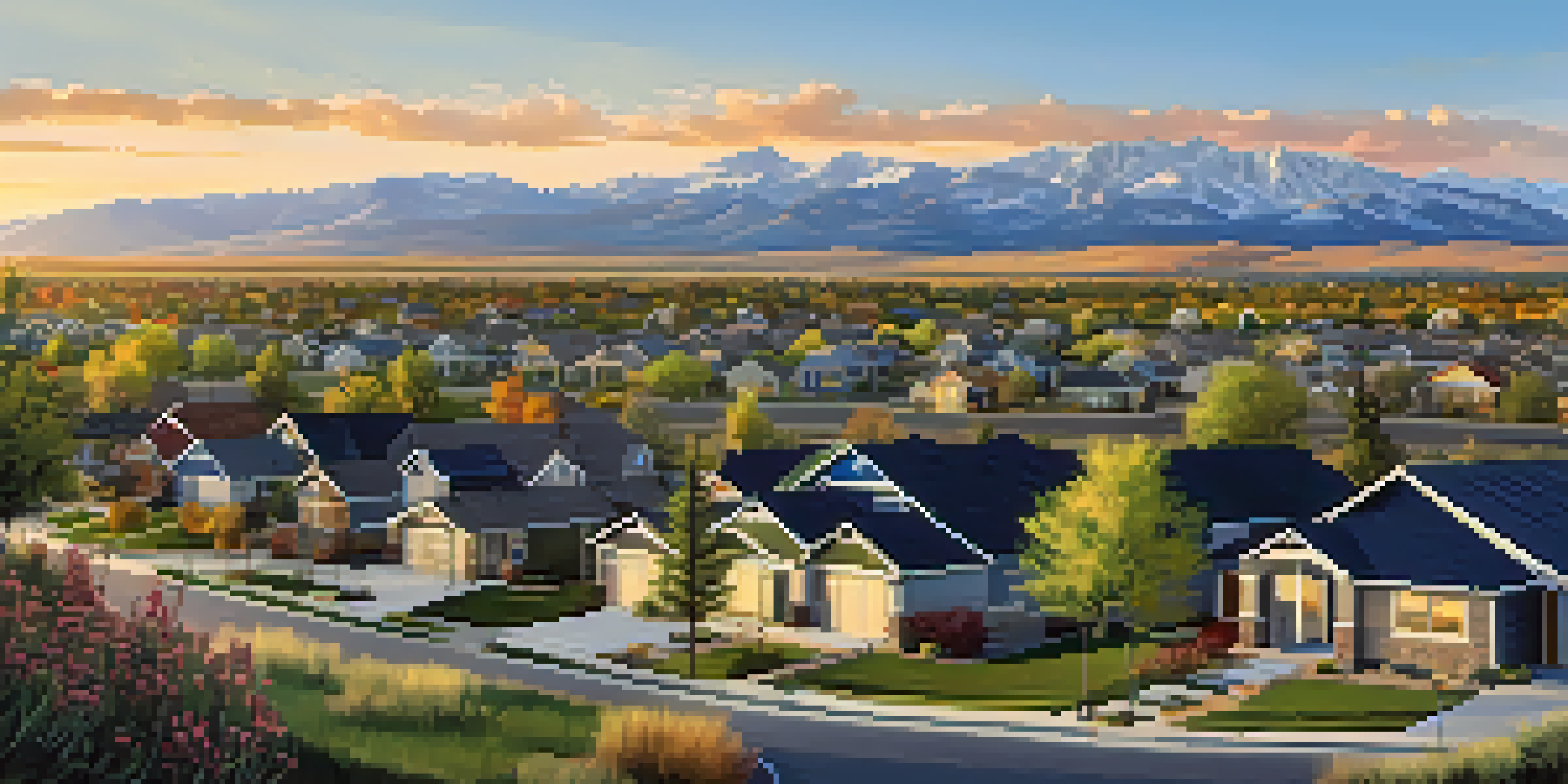 A scenic view of a modern Colorado neighborhood with eco-friendly homes and the Rocky Mountains in the background.