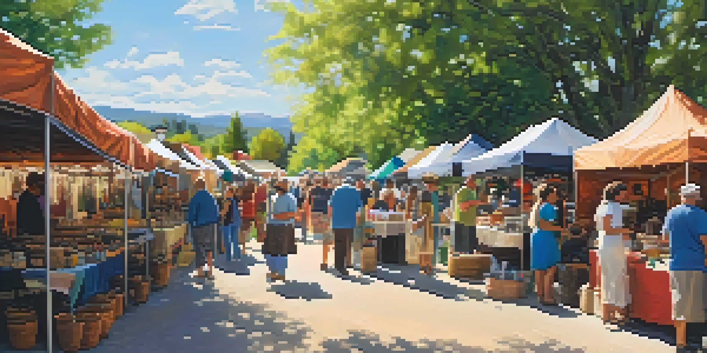 A bustling artisan market in Colorado with colorful booths filled with handmade goods, people interacting with artisans under dappled sunlight.