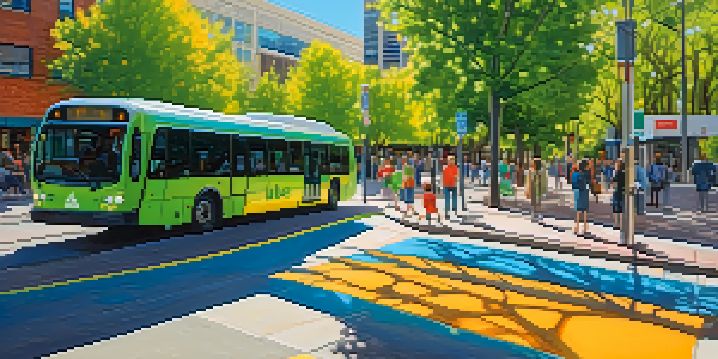 A modern electric bus at a busy urban stop in Denver, surrounded by green trees and pedestrians.