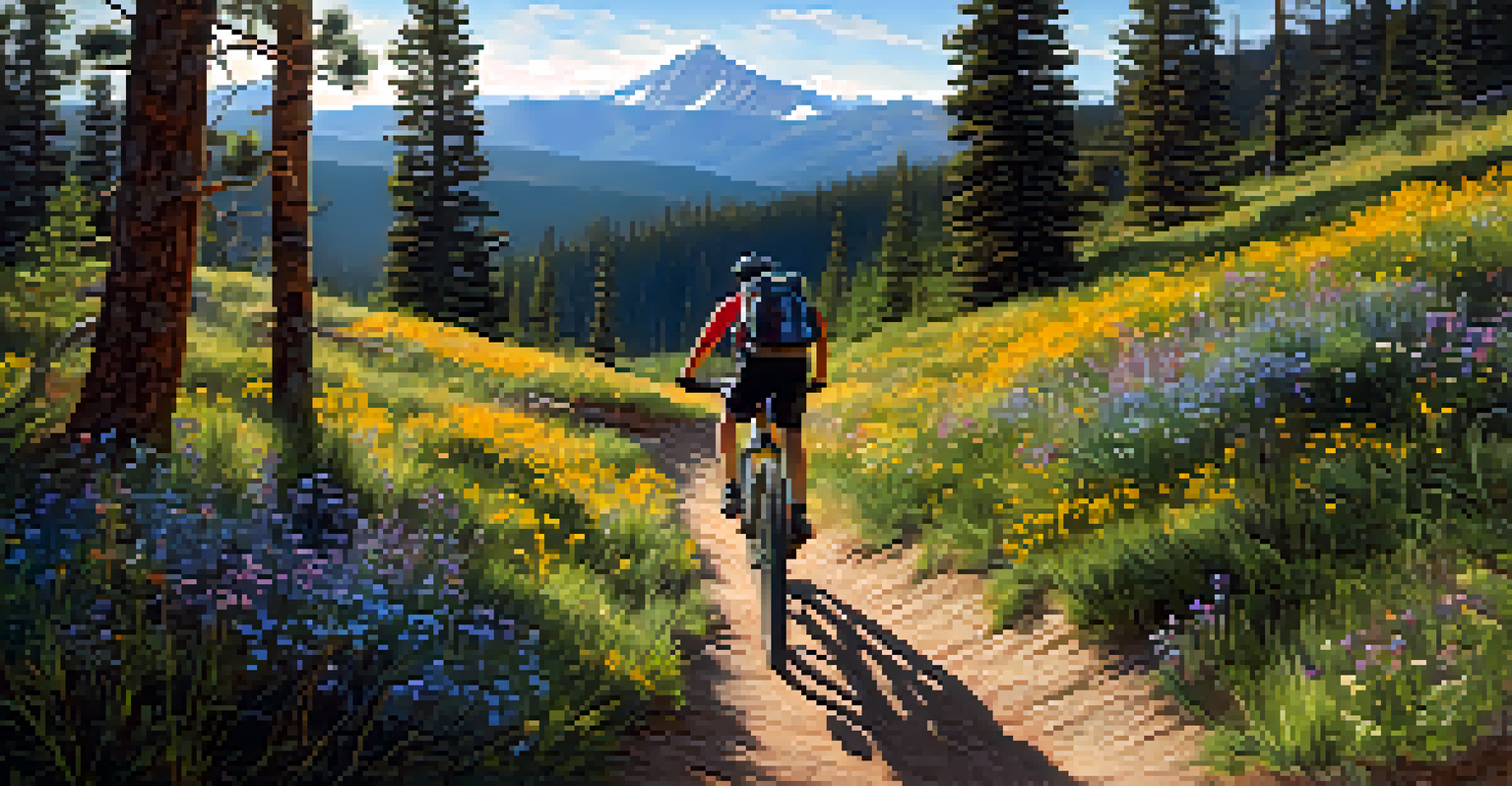A mountain biker riding on a rocky trail in Colorado's forest with mountains in the background.