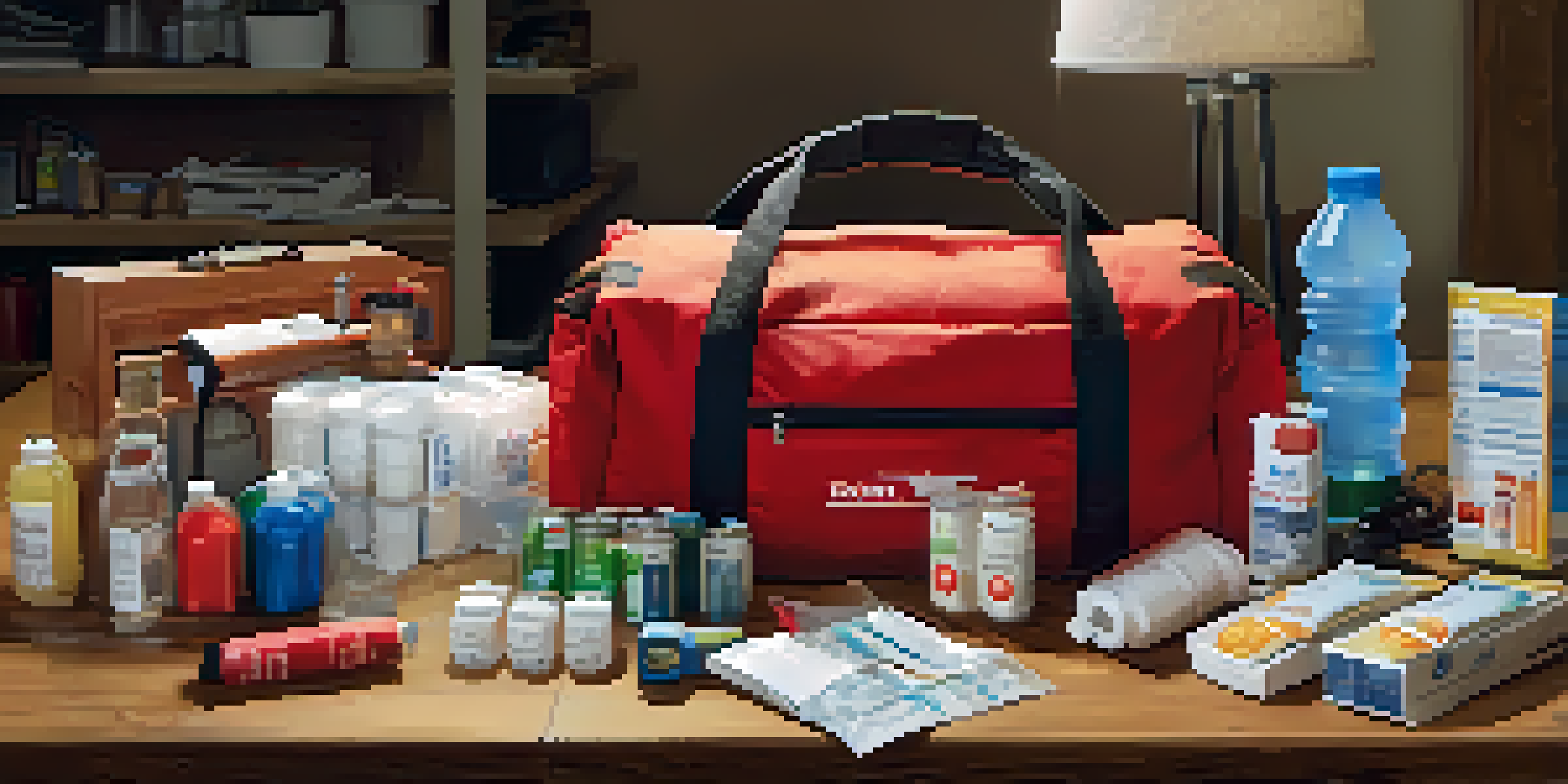 An emergency kit with essential supplies like water, food, first-aid items, and a flashlight, set in a cozy home environment.