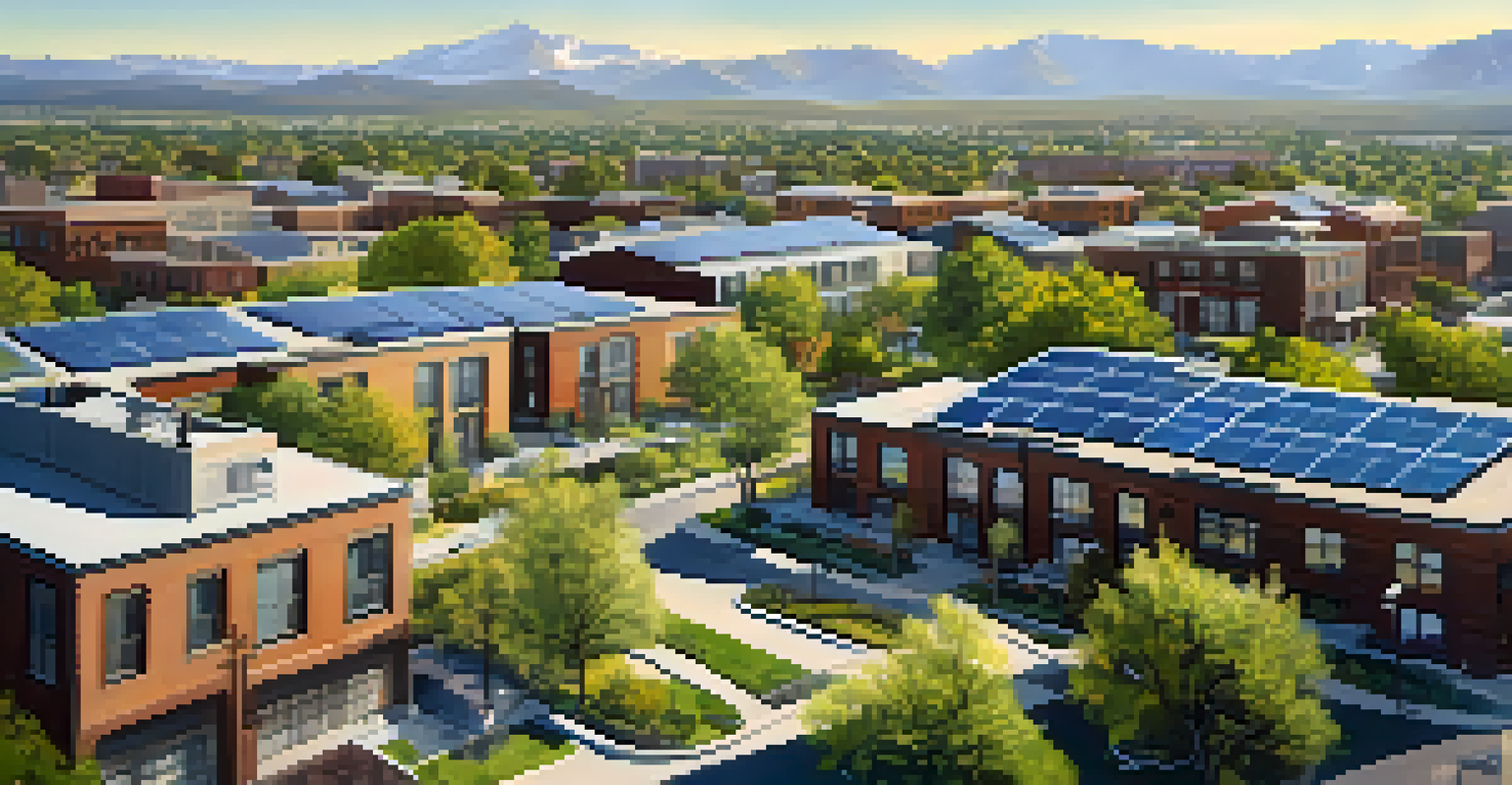 Aerial view of a smart city with solar panels, green parks, and electric vehicles under sunlight.