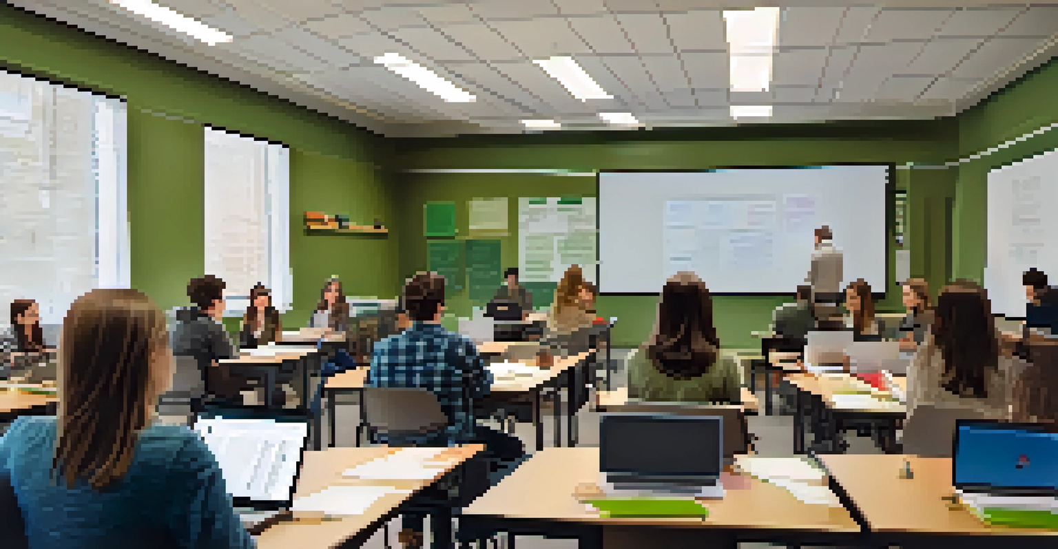 A classroom at Colorado State University with students and a professor engaged in lively research discussions, surrounded by educational materials.
