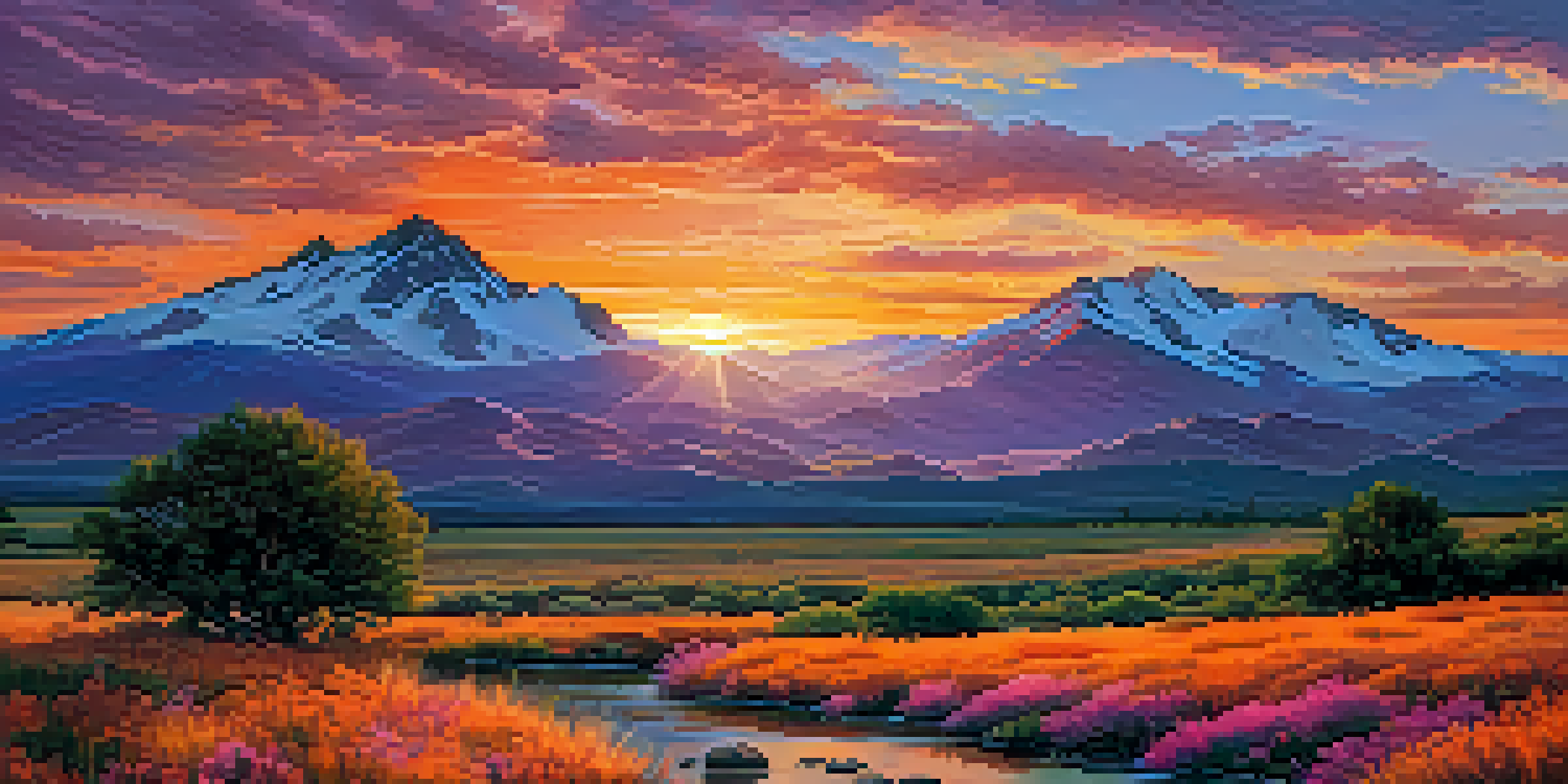 A stunning Colorado sunset over rolling hills and the Rocky Mountains, with colorful wildflowers in the foreground and a reflective stream.