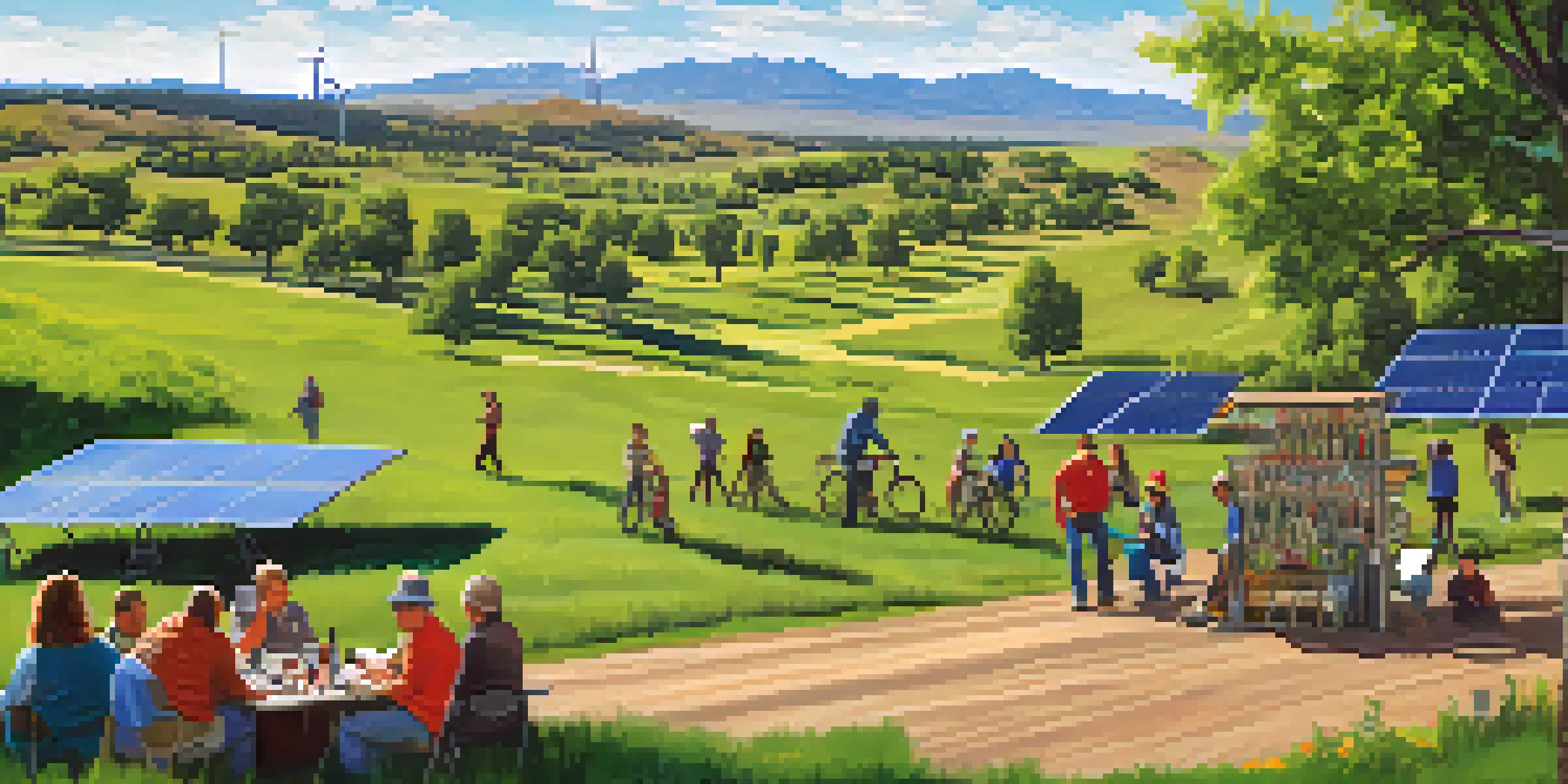 A colorful landscape in Colorado with wind turbines, solar panels, and a diverse group of people planting trees.