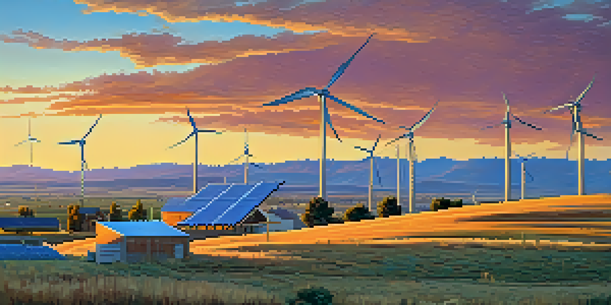 A scenic Colorado landscape with rolling hills, wind turbines, and solar panels during a colorful sunset.