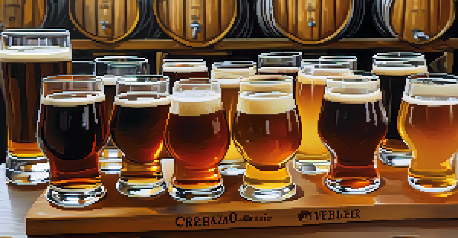 A close-up of a table set for a craft beer tasting, with various beer samples in uniquely shaped glasses.