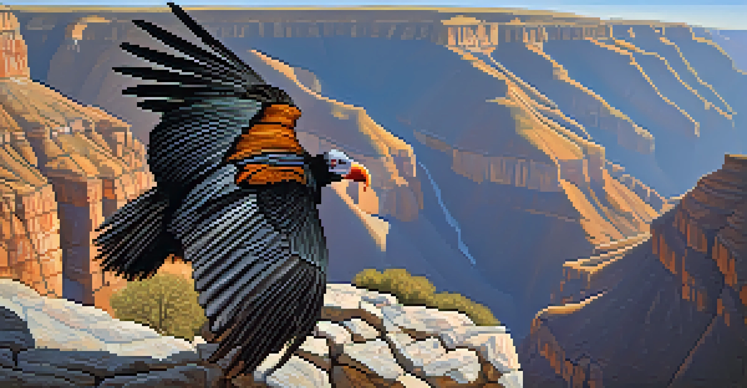A close-up of a California condor on a rocky ledge with a dramatic canyon backdrop, showcasing its detailed feathers.