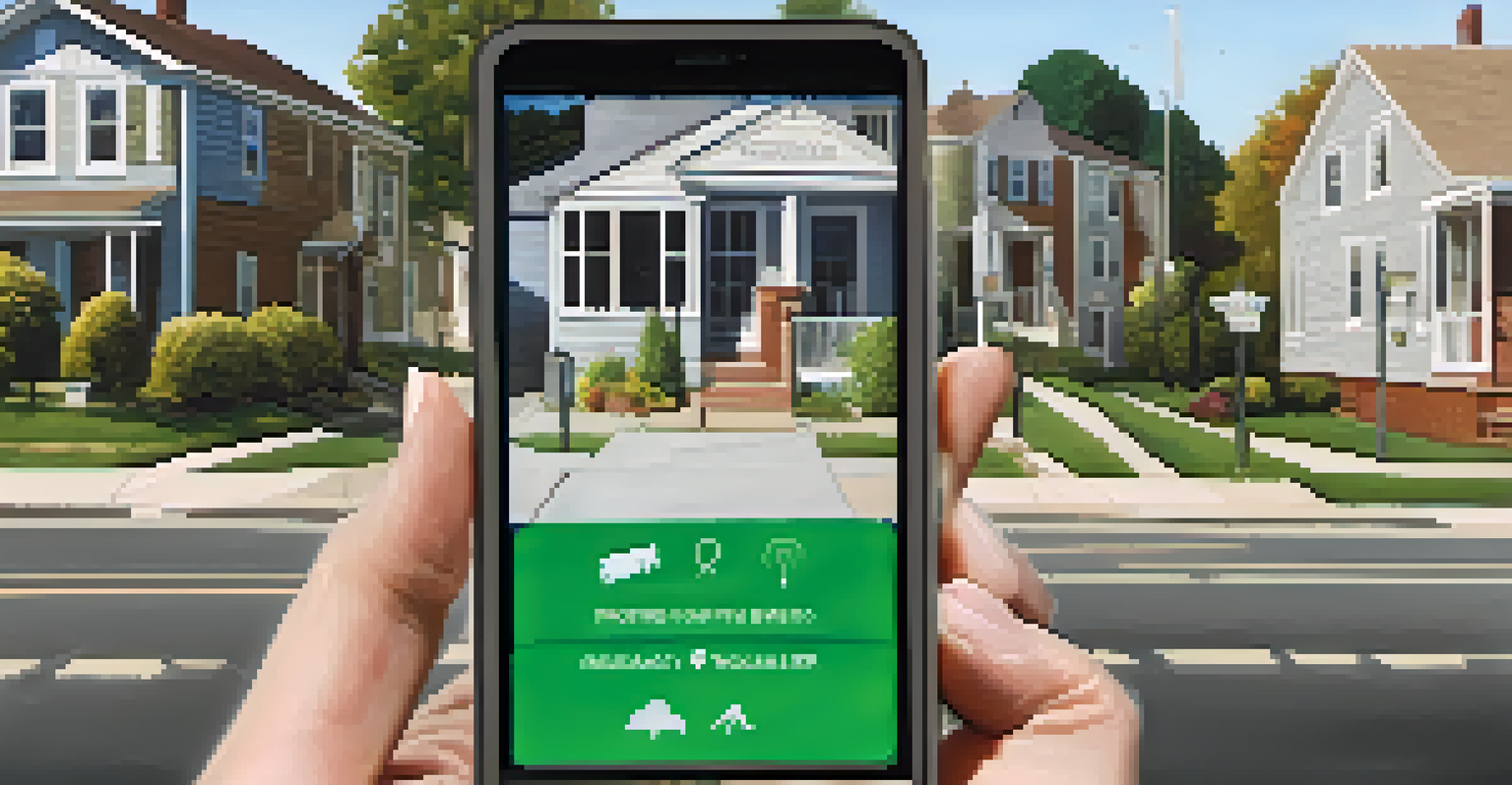 A resident using a smartphone app to share emergency information with neighbors, set against a friendly neighborhood backdrop with houses and green trees.