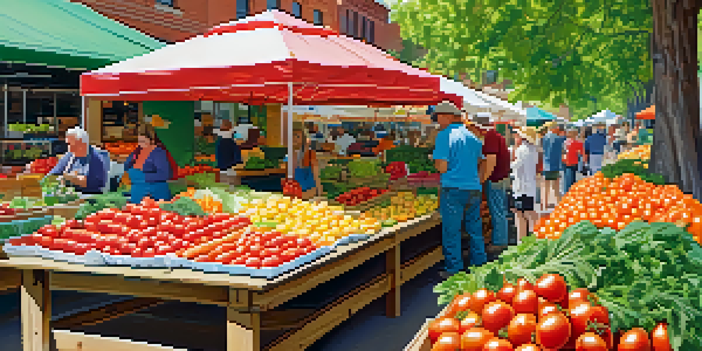 A bustling farmer's market in Colorado with colorful seasonal produce and cheerful shoppers interacting with local farmers under the sunshine.