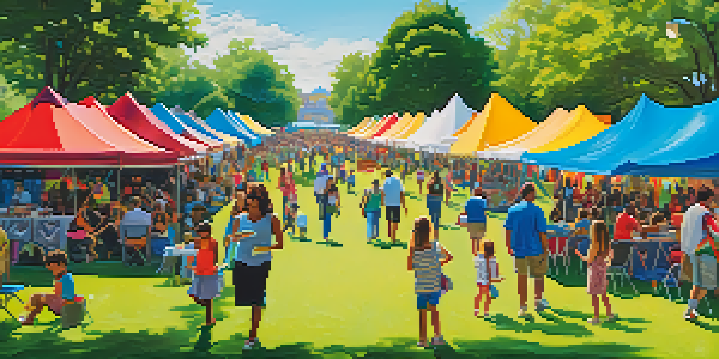 A lively community art festival in a park with colorful tents and families enjoying art activities under a blue sky.