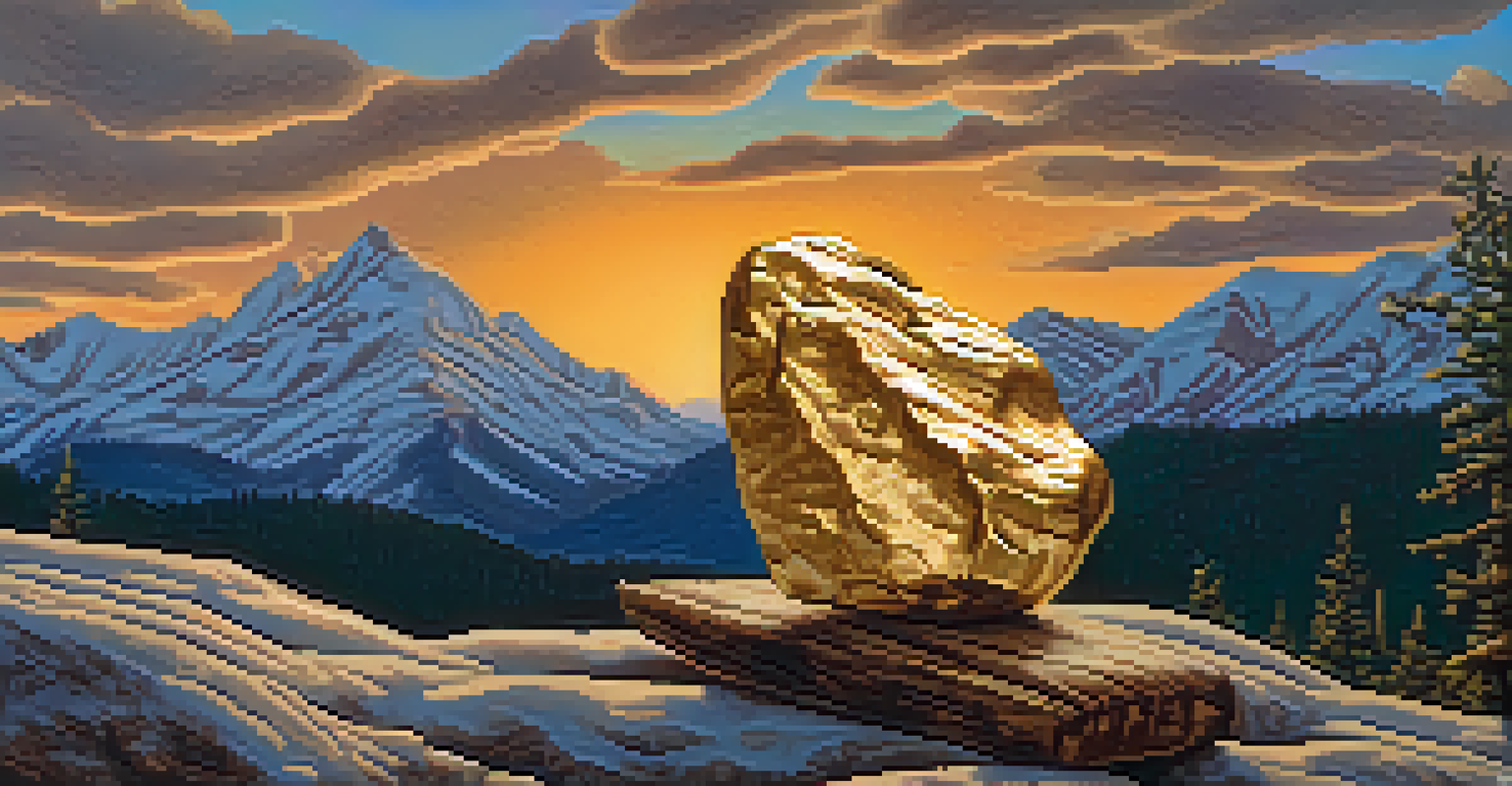 A close-up of a miner's hand holding a gold nugget with a pickaxe in the foreground and the rugged Colorado terrain in the background.