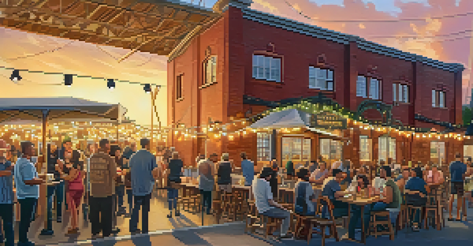 A lively outdoor community event at a craft brewery with food trucks, local artisans, and people socializing under string lights, with a colorful mural in the background.