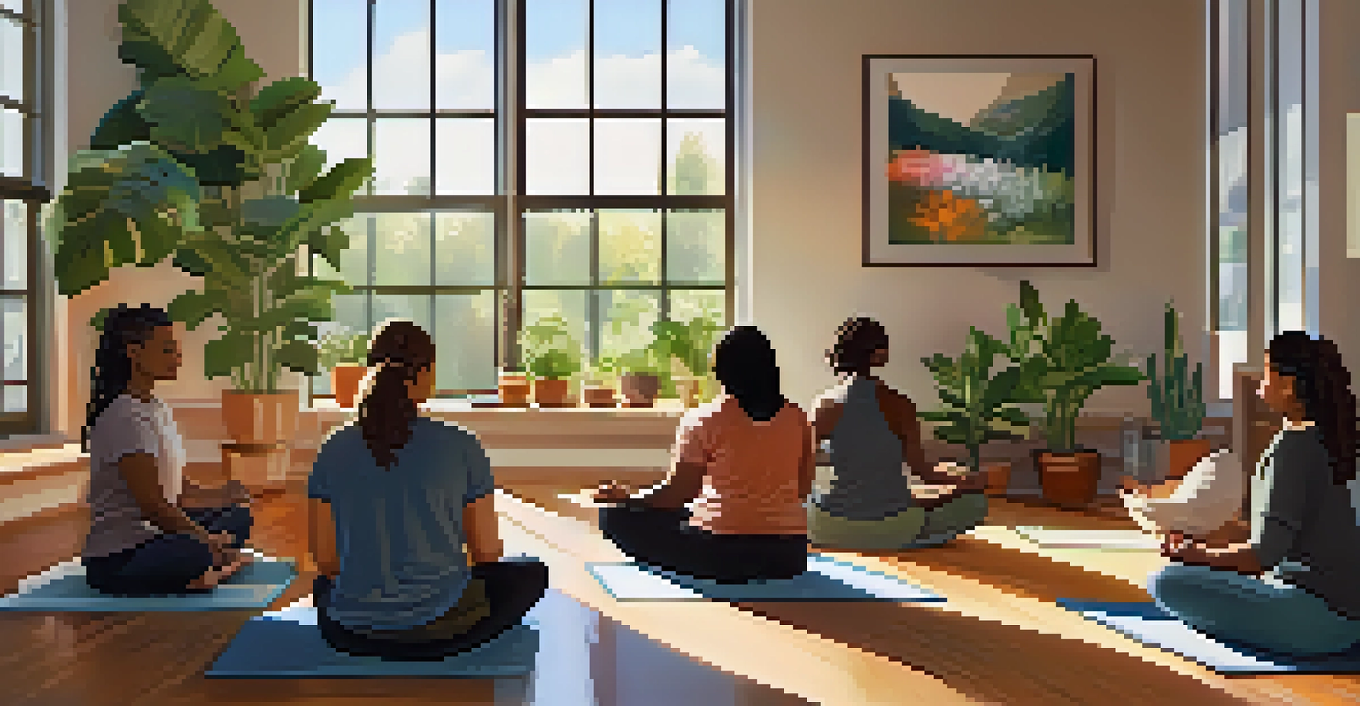 A group of diverse individuals participating in a mindfulness workshop in a bright room with plants and cushions.