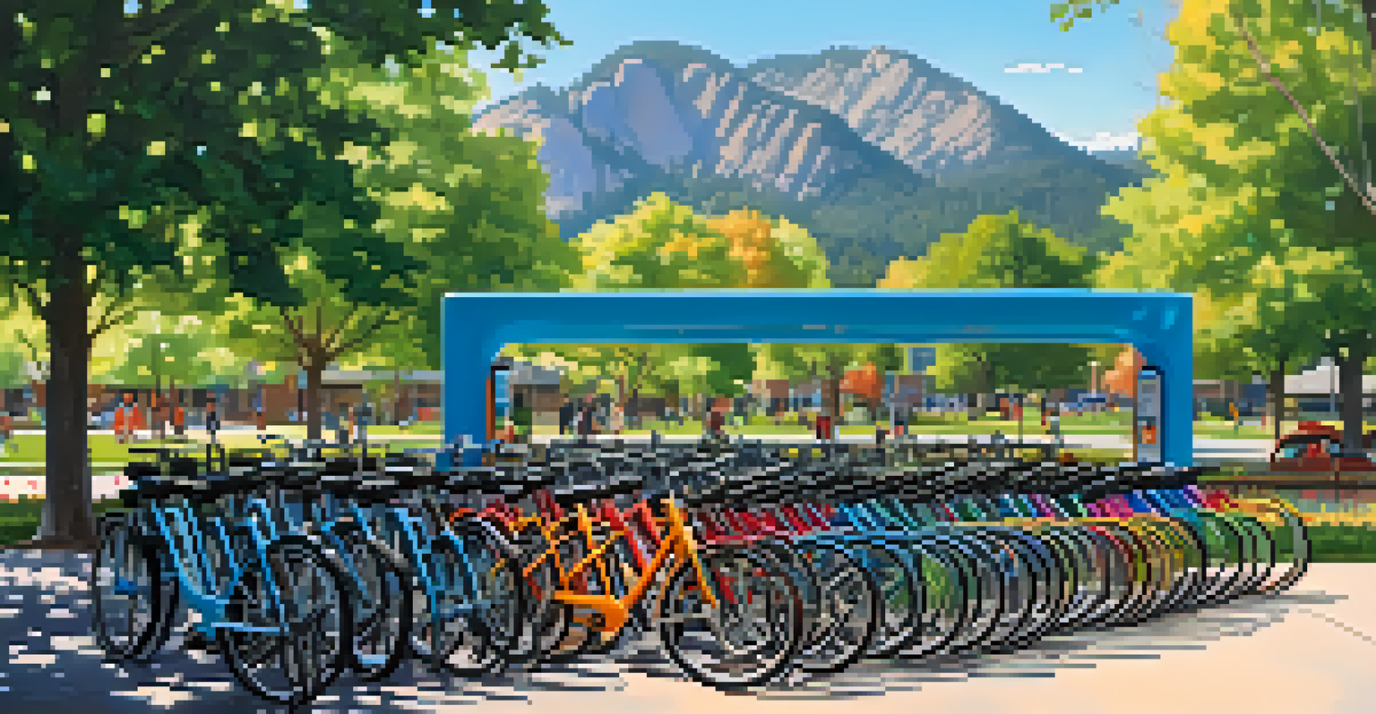A bike-sharing station in Boulder with colorful bicycles, set against a sunny park and mountain backdrop.