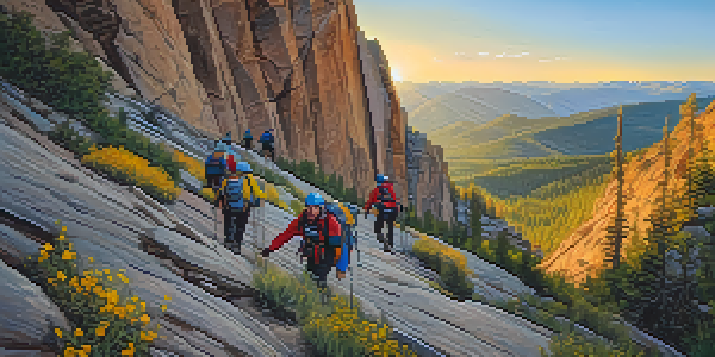 A group of climbers of various ethnicities scaling a rocky cliff in Colorado during sunset, surrounded by wildflowers and modern climbing gear.