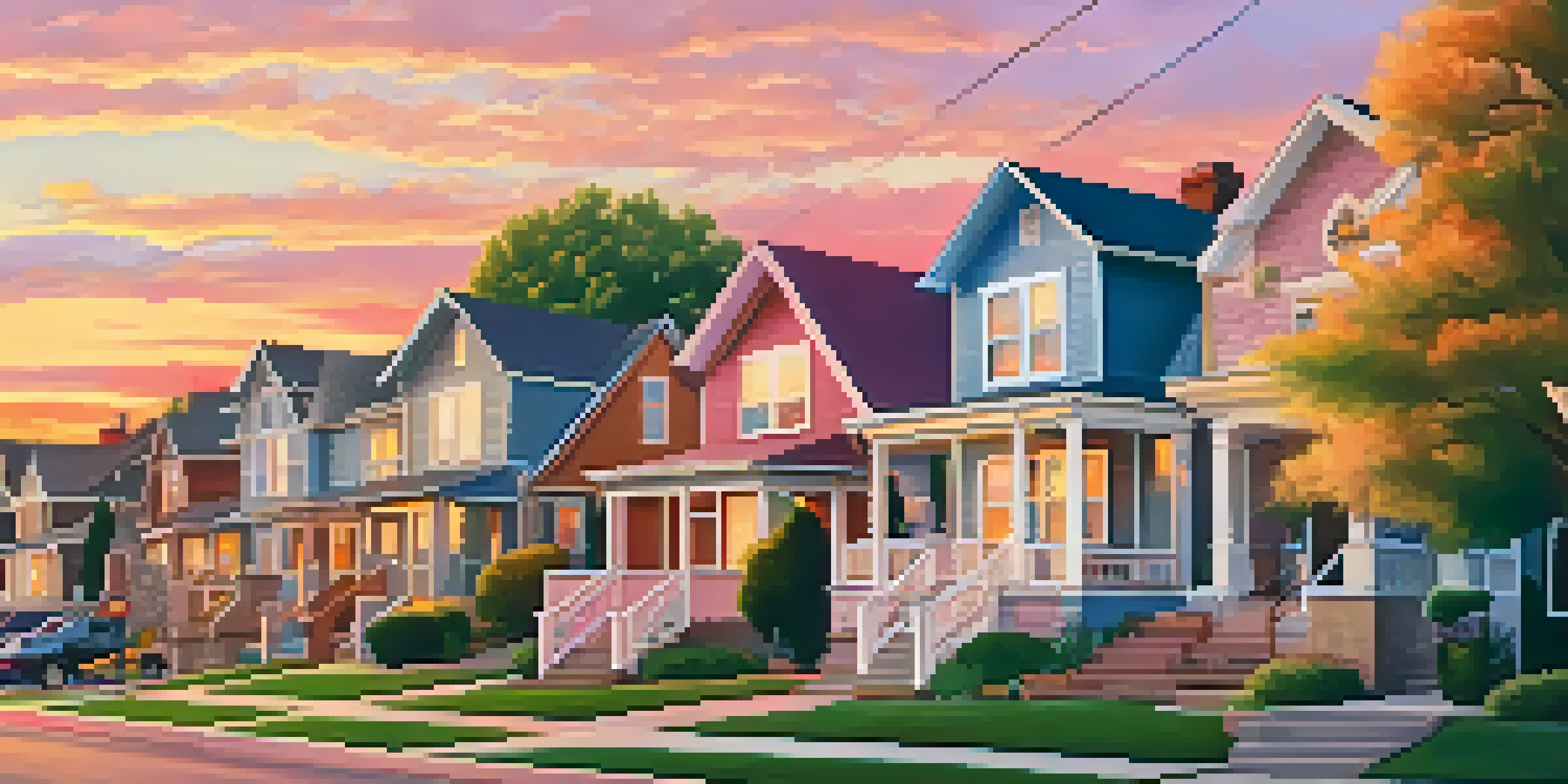 A beautiful suburban neighborhood in Colorado at sunset, with houses, lawns, and families enjoying the outdoors.