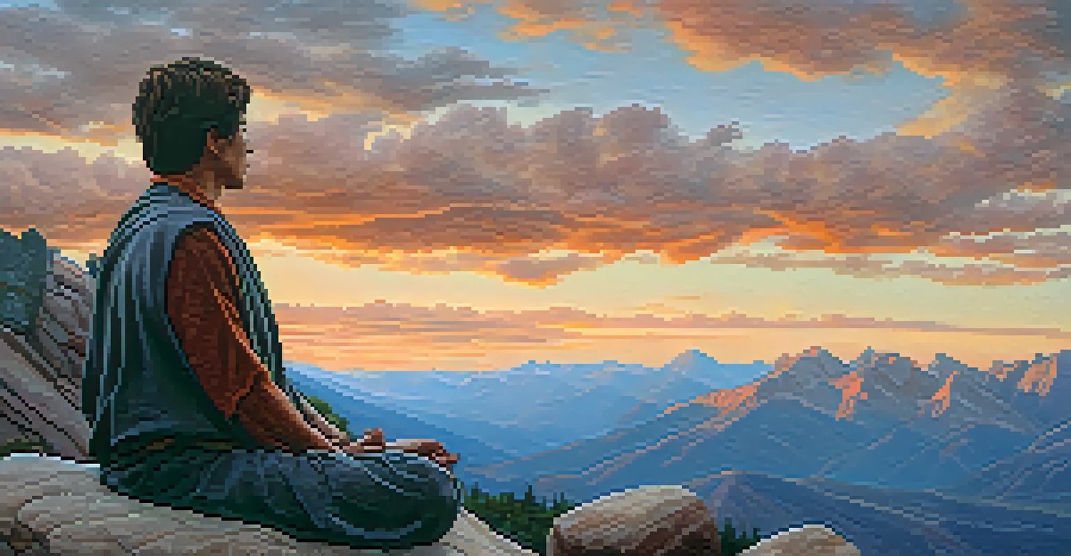 A person meditating on a rocky ledge with mountains in the background during sunset, showcasing a tranquil expression.