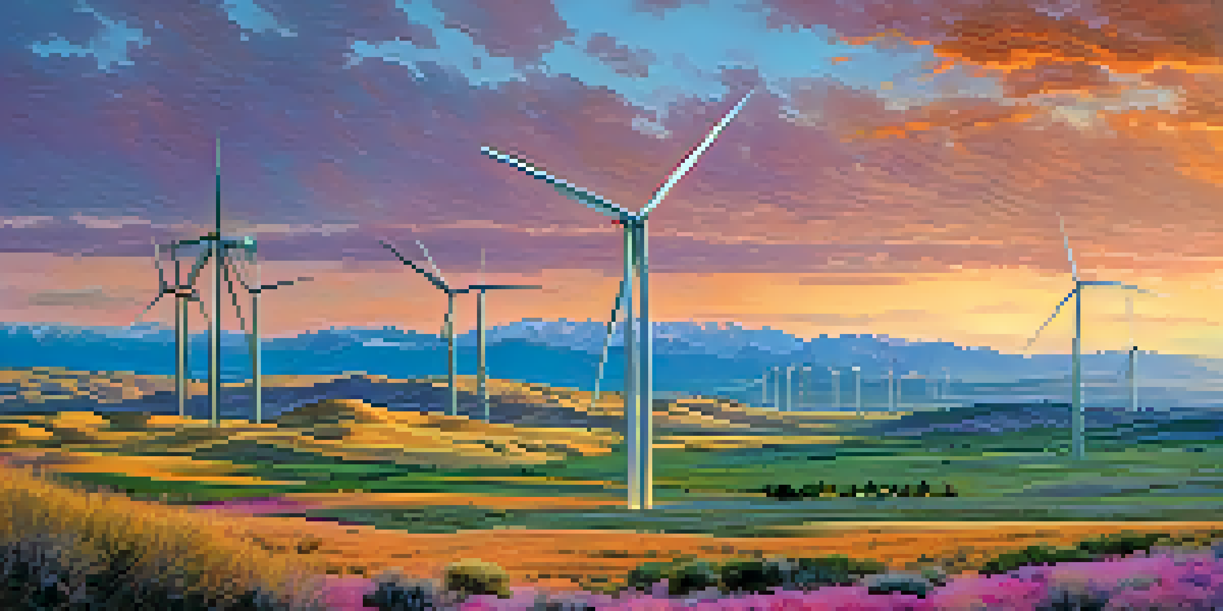 A scenic view of Colorado showcasing wind turbines on hills, solar panels, and the Rocky Mountains at sunset.