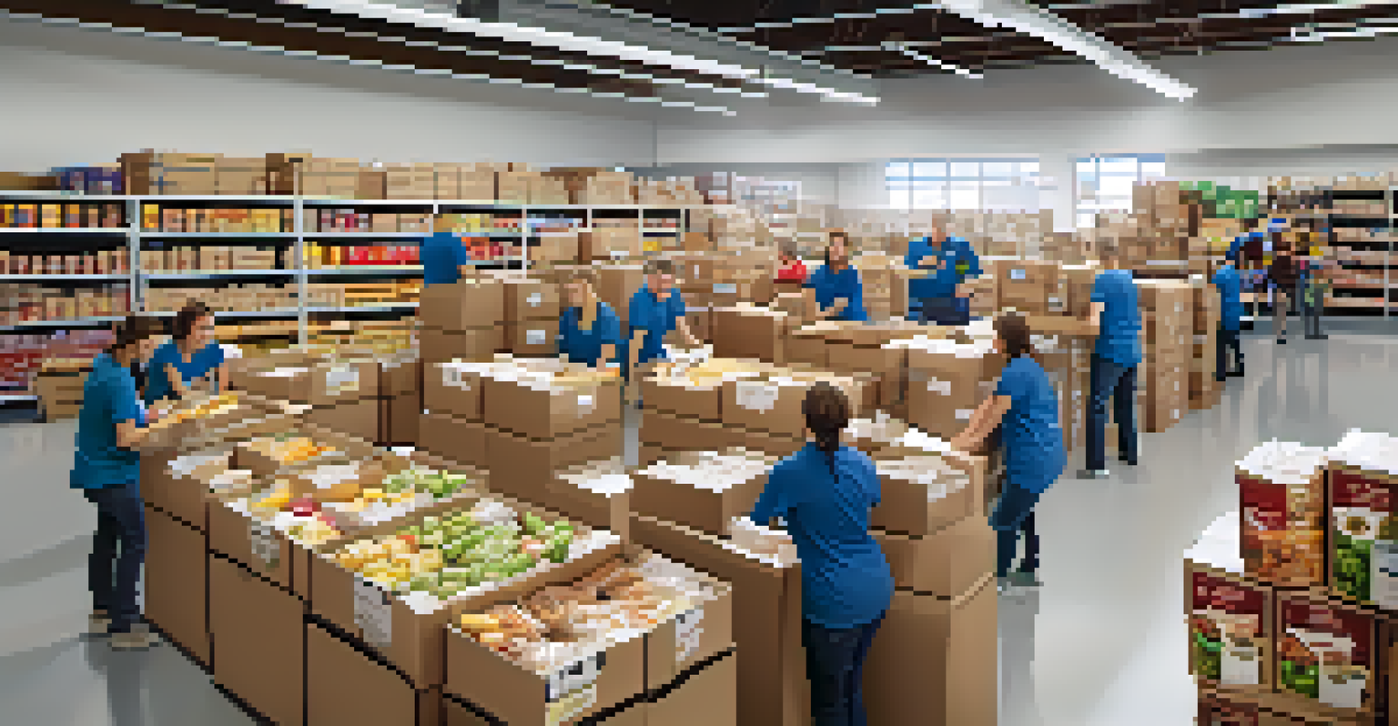 Volunteers sorting and packing food in the Food Bank of the Rockies, showcasing teamwork and a sense of community in a bright warehouse.