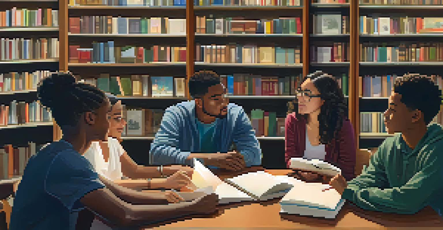 A diverse group of students collaborating in a library, discussing scholarship opportunities with books around them.