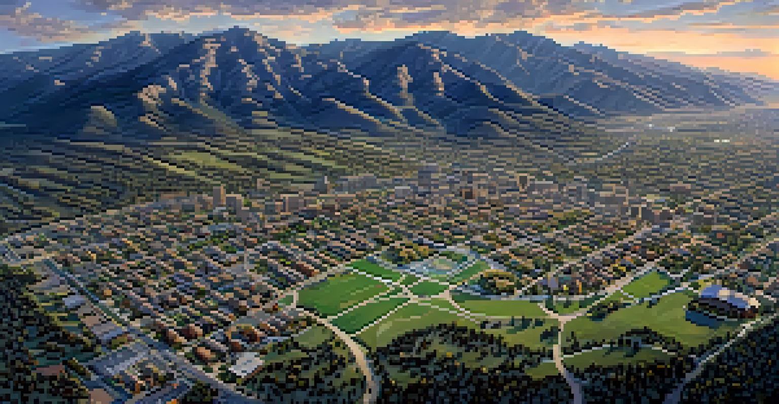 An aerial view of Boulder, Colorado, showing urban development alongside beautiful natural landscapes and mountains.