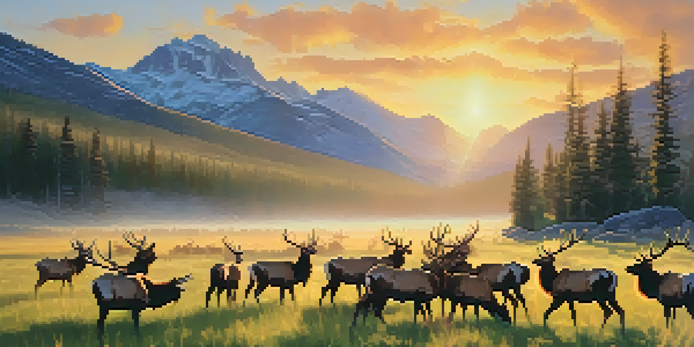 A sunrise view of Rocky Mountain National Park with elk grazing in a meadow.