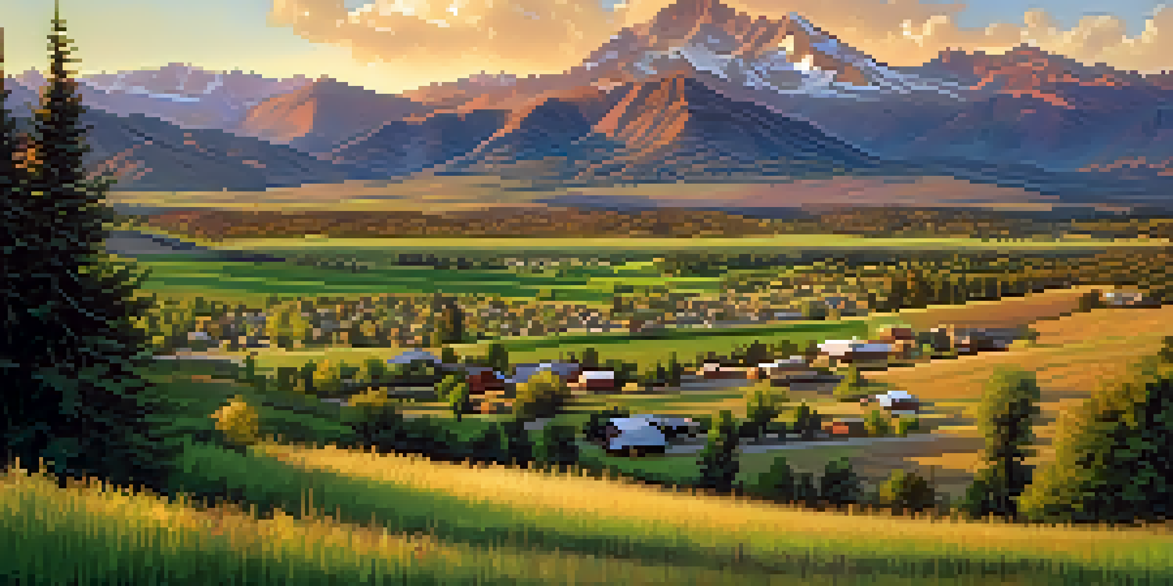 A scenic view of Colorado featuring the Rocky Mountains and a farming community at sunset.