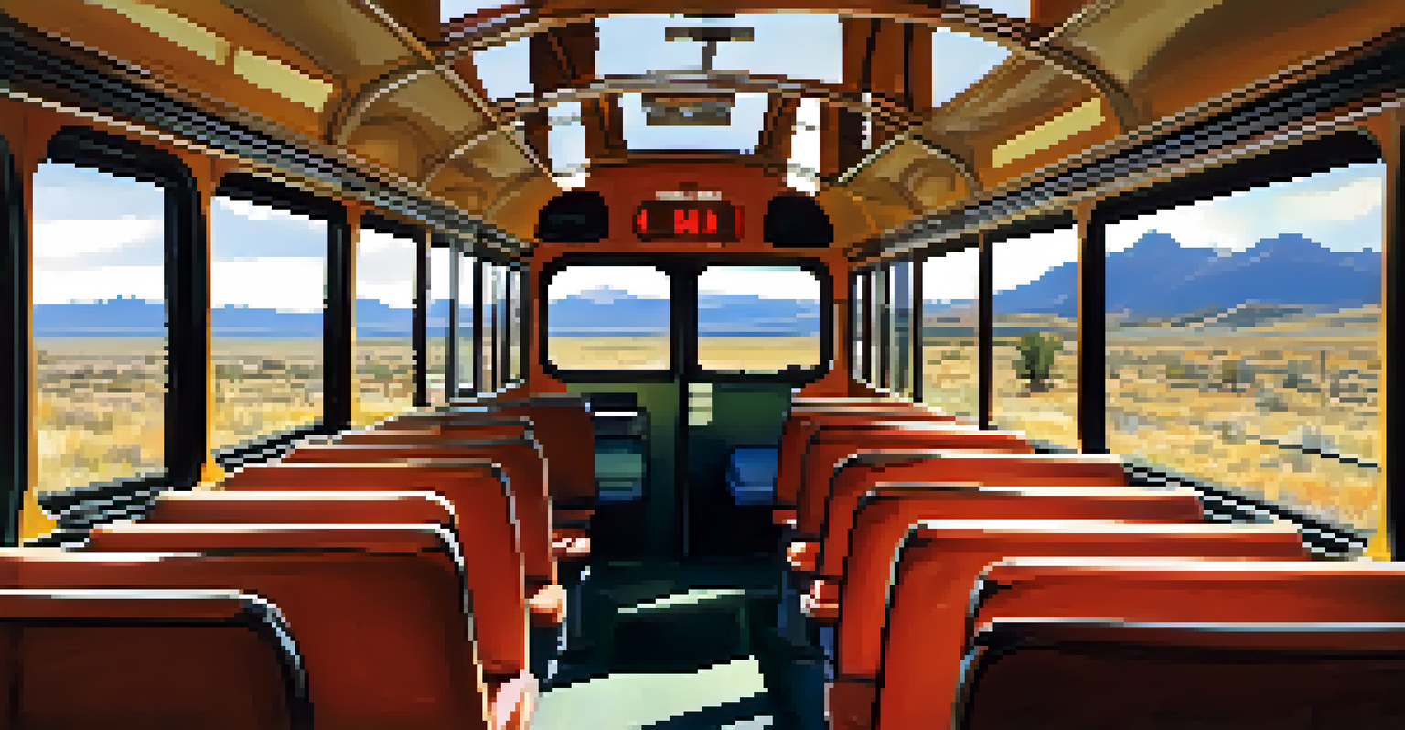 Inside a bus with comfortable seats and large windows showing the Colorado landscape outside.