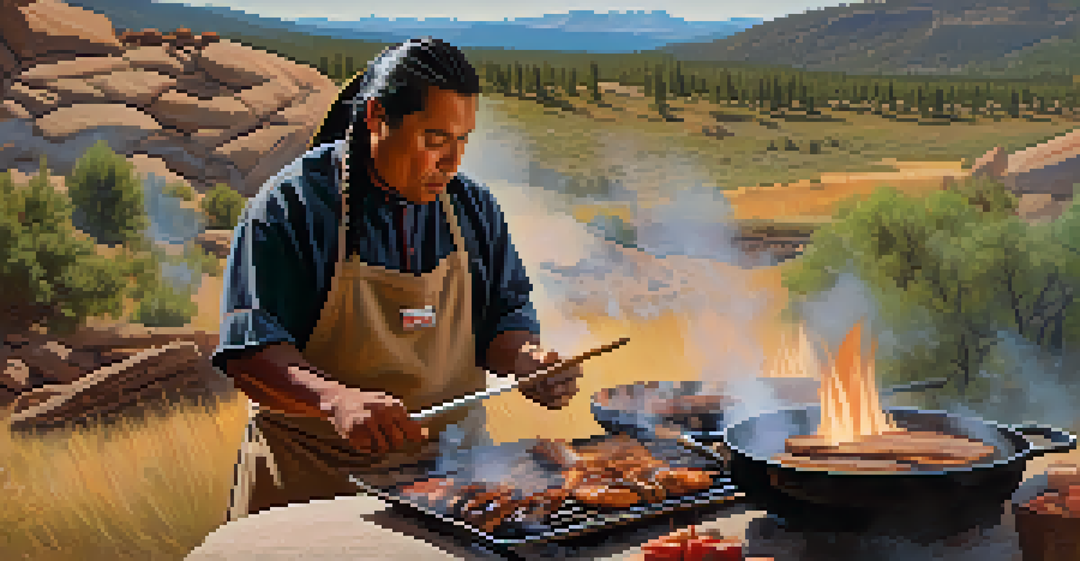 A Native American chef cooking over an open flame in a natural landscape, surrounded by fresh ingredients and traditional attire.