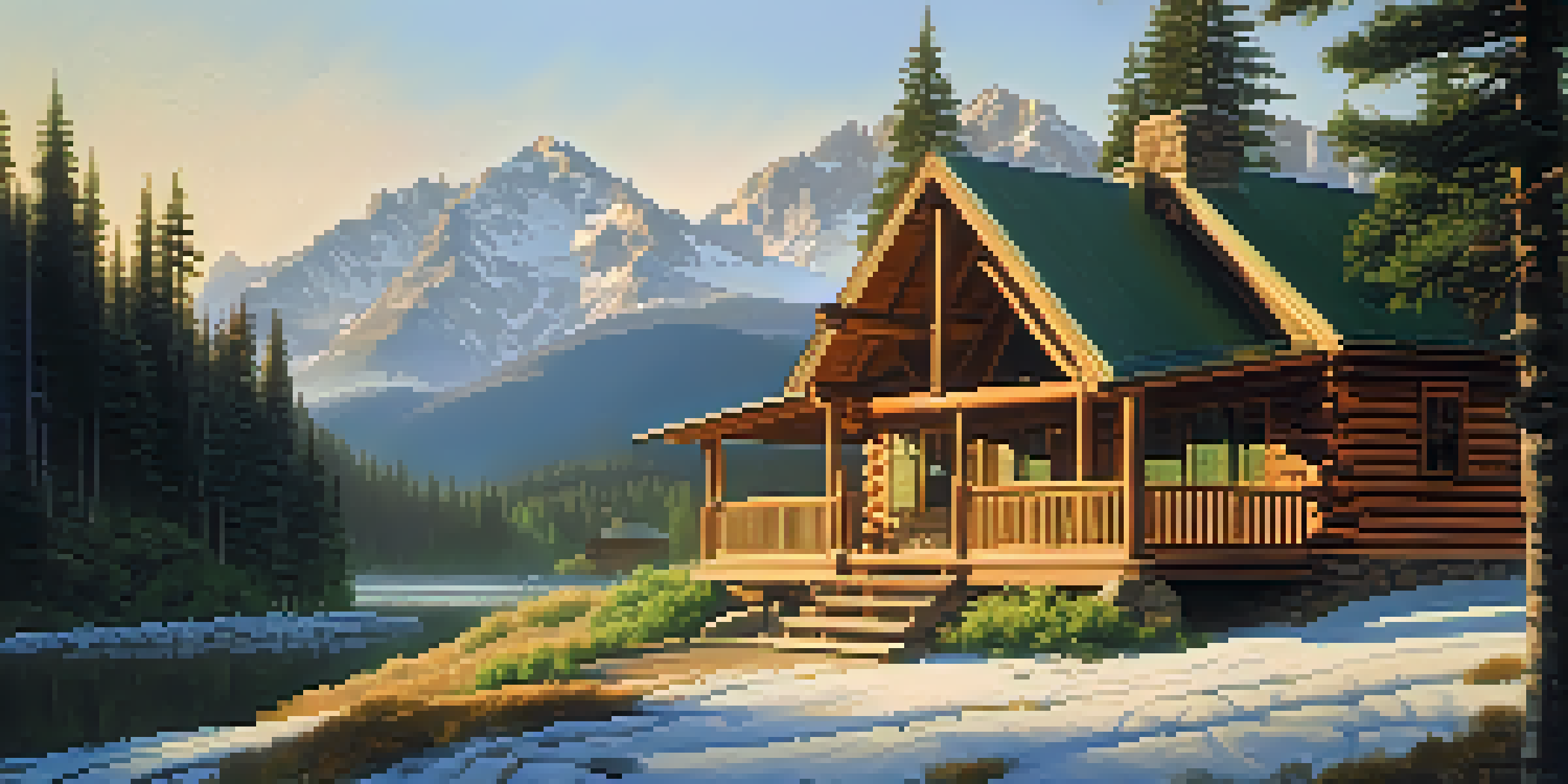 A picturesque mountain landscape featuring a cozy log cabin with a porch, surrounded by lush greenery and distant snow-capped peaks under soft morning light.