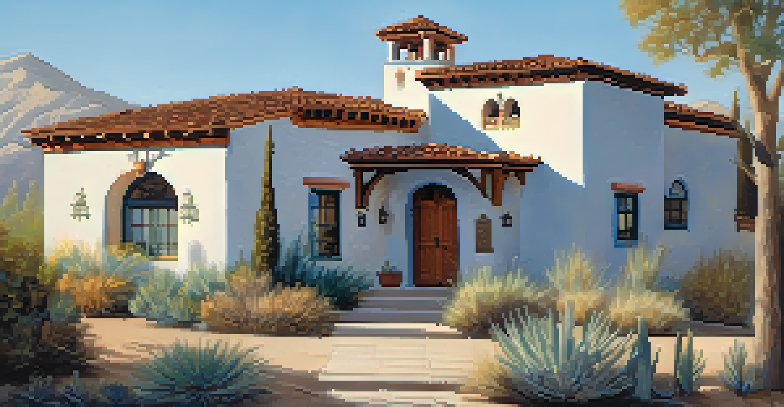 A Mission Revival building in Colorado with stucco architecture and native plants under a clear blue sky.