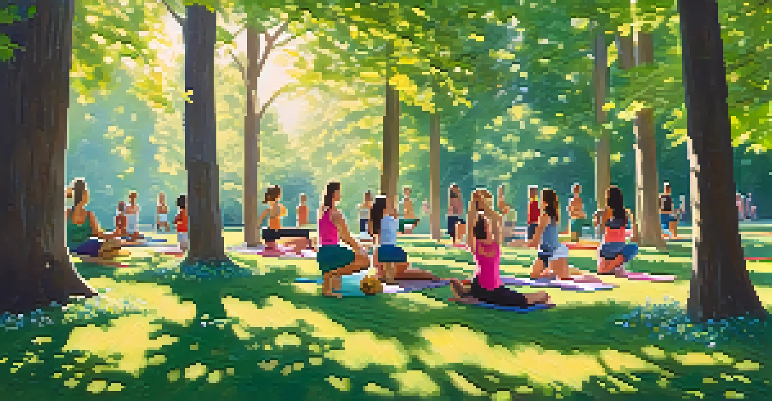 Friends practicing yoga in a sunny park with colorful mats and blooming flowers around them.