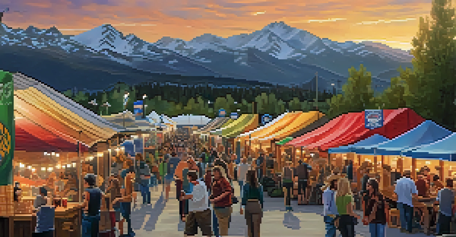 A lively outdoor craft beer festival in Colorado, featuring booths, food vendors, and people enjoying beers against a sunset backdrop.