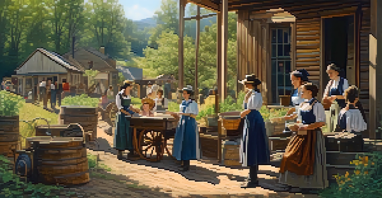 A group of women in a mining town engaged in daily activities, surrounded by wooden structures and a garden.