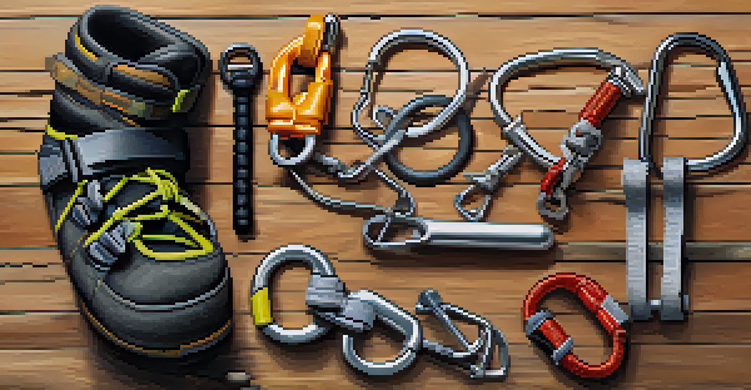 A close-up arrangement of colorful climbing gear, including carabiners and ropes, displayed on a rustic wooden surface with granite rocks in the background.